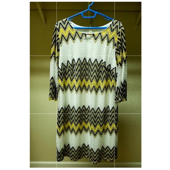 Tacera Chevron Midi Dress Yellow Black White Bold Pattern - Picture 3 of 6